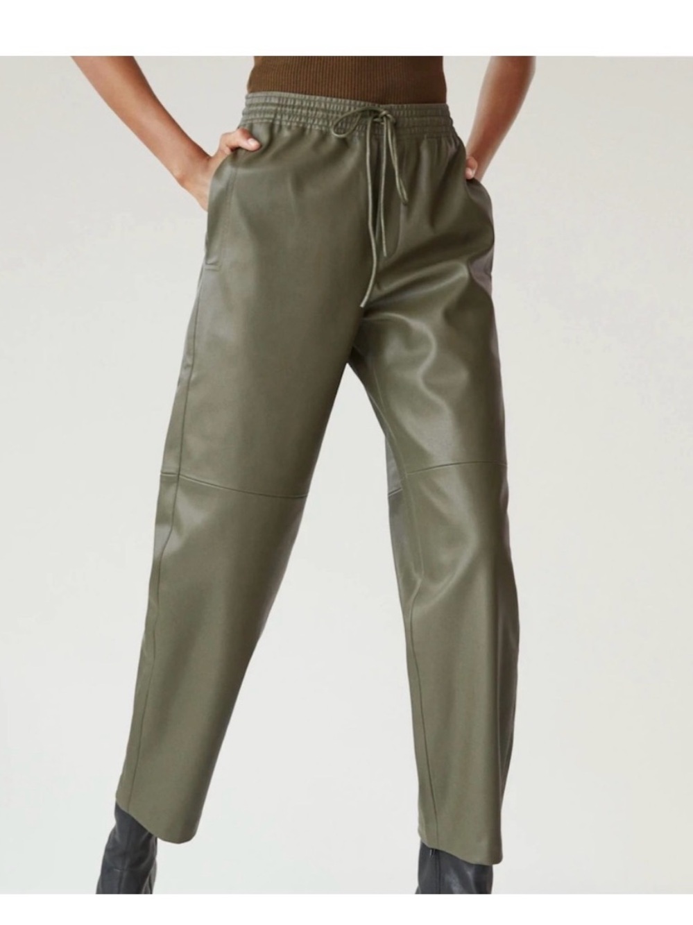 Olive Green Straight-Leg Faux Leather Pants by Mango